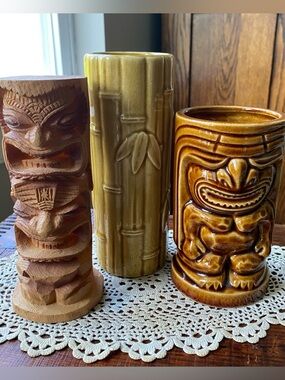 Vintage Japan Orchard of Hawaii Tiki Mug Trio - Ceramic Bamboo & Carved Wood -